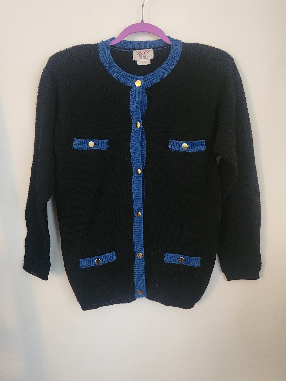 Sky Black Cardigan with Blue Trim and Gold Buttons